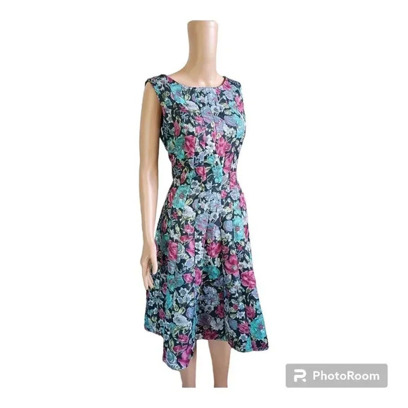 Koret Blue Multicolor Floral Pinafore Dress Sleeveless Invisible Zipper Sz 8 - Picture 1 of 10